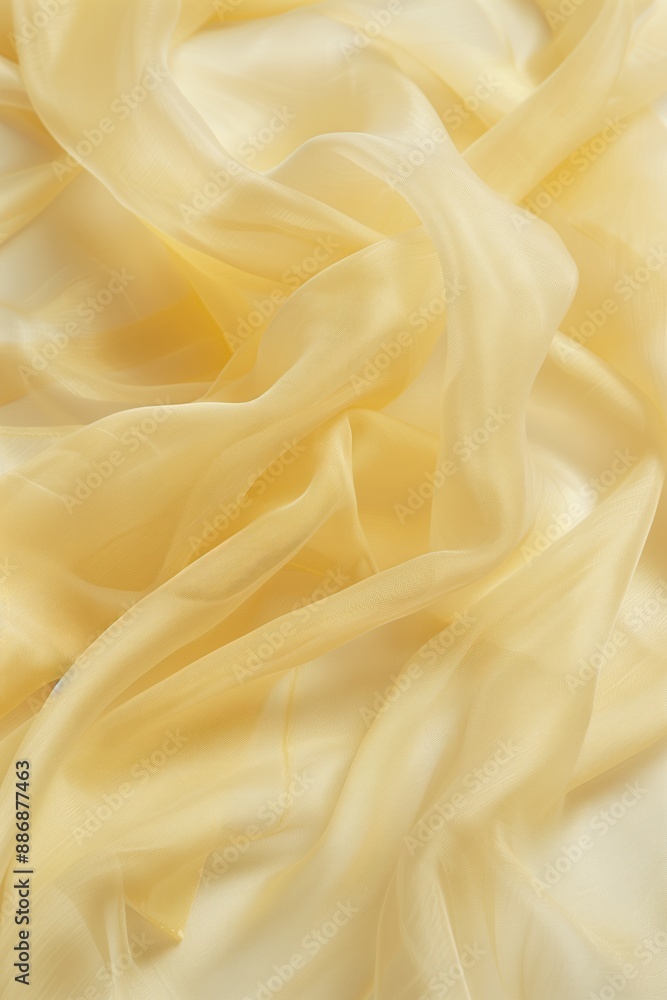 Poster Yellow fabric texture features crumpled folds with gray stripe. Close-up view showcases intricate details, adding depth to composition. Perfect for fashion, textile, or design projects.