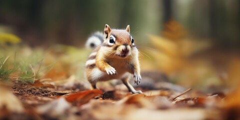 Fototapeta premium Adorable chipmunk foraging for food in the autumn forest