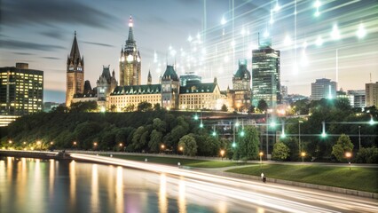 Obraz premium skyline of the city of london at night with lights and connection lines