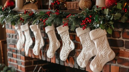 holiday stocking decor, white stockings filled with greenery and berries hanging on a brick fireplace create a charming and traditional christmas decor in the house
