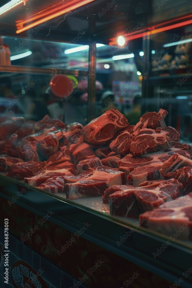 Poster A display case filled with various meats, perfect for butcher shop or grocery store use