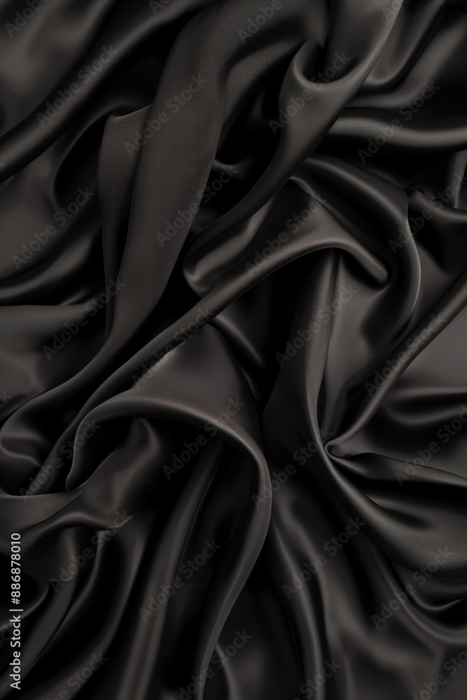 Poster Black fabric texture close-up. Smooth surface polyester cloth layers revealed. Folded black material with subtle gray and white tones. Blurred background focuses on fabric details.