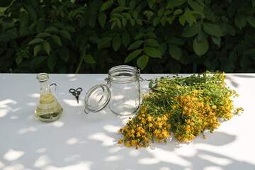St. John's wort flowers collected in summer to make oil. Close up. Copy space.