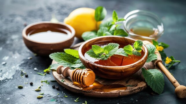 Indian Ayurvedic Vasaka leaves or Justicia Adhatoda Tulsi leaves Honey Lemon Health tonic for fighting seasonal infections like cold flu