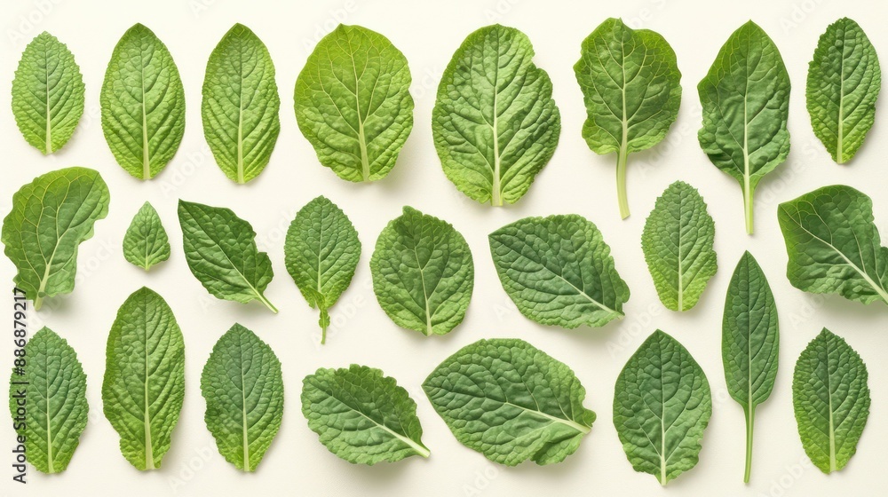 Poster collection of various green leaves arranged in rows on a light background, showcasing different shap
