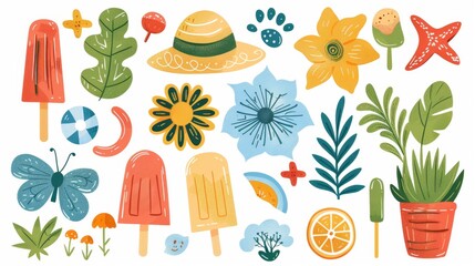 summer clipart collection, playful collection of summer nature clipart with hand-drawn sun hats, popsicles, and beach balls on a white background