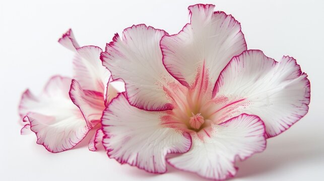 Close up of white and pink Schlumberger flower on white background with macro shot and empty space