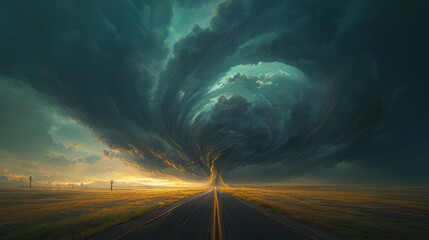 Dramatic landscape with a twisting tornado under a dark, swirling stormy sky on an open road at sunset.