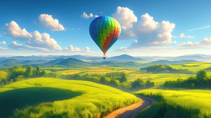 Naklejka premium A colorful hot air balloon floats over a picturesque green landscape with rolling hills and a clear blue sky. Perfect for travel and adventure themes.