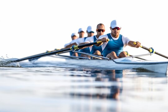 A team of athletic men rowing a canoe in a competitive race on a river, demonstrating strength, coordination, and teamwork in outdoor sports.