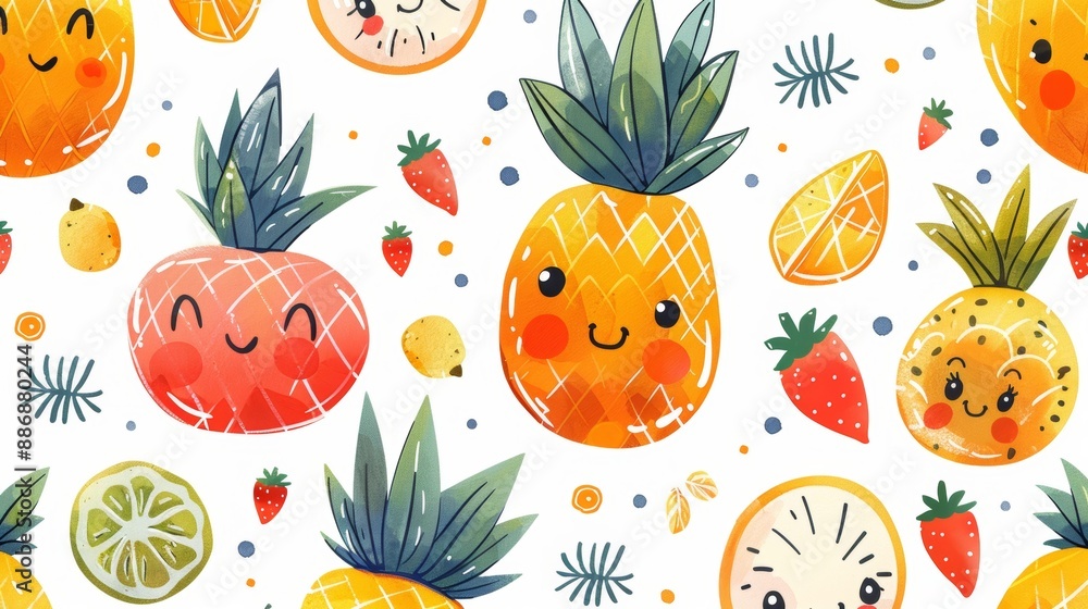Poster fruit cartoon characters, pattern with cheerful hand-drawn fruit characters like smiling pineapples 