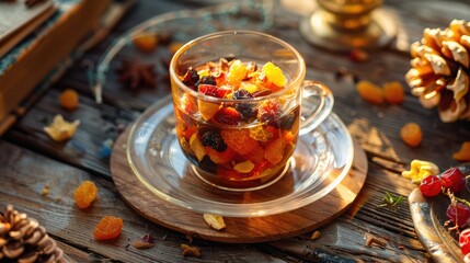A small mug with compote of a mixture of dried fruit on a round glass plate on an old wooden table Selective focus