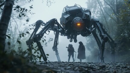 A robot is walking through a forest with a person in front of it
