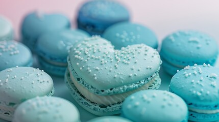Obraz premium A close-up of ombre effect macarons, with gradients from light turquoise to deep cyan, arranged in a heart shape. The background is a soft-focus, pastel-colored gradient,