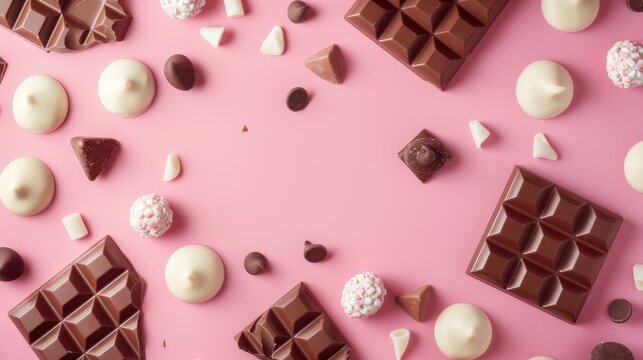 Chocolate and white drage candy collection with natural sweets mockup banner on pink background for dessert designs