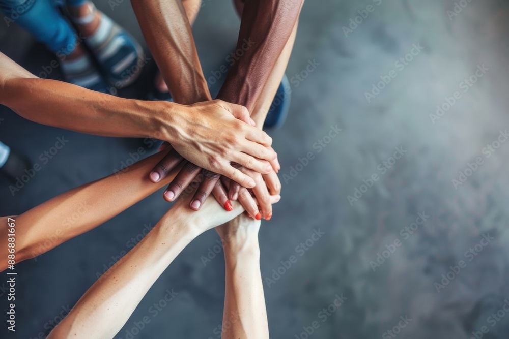 Poster close up of hands stacked together in the office, a diverse business team putting their arms on top 