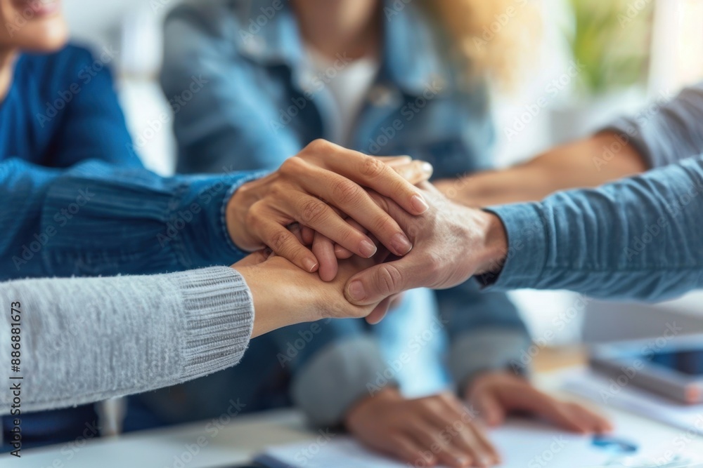Poster a group of business people with their hands on top, showing unity and support for each other in the 
