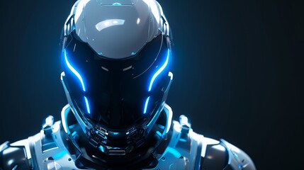 A close-up of a superhero's helmet with glowing blue lights