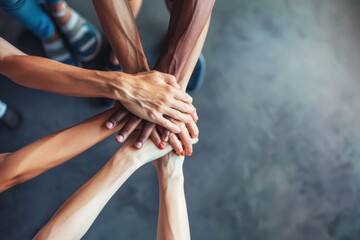 Close up of hands stacked together in the office, a diverse business team putting their arms on top for unity and support Generative AI