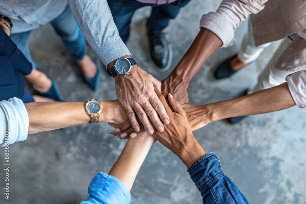 Poster a group of business people putting their hands together, symbolizing collaboration and unity in the 
