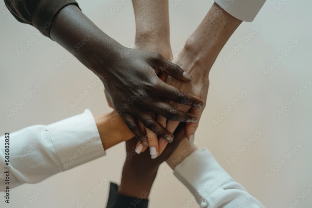 Poster a diverse group of businesspeople with their hands together, showing unity and support in an office 
