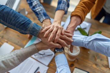 A group of business people with their hands on top, showing unity and support for each other in the office Generative AI
