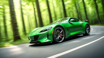 A green sports car speeds through a lush green forest along a curved asphalt road. Dynamic motion blur adds spectacle to the scene. Automotive design and automobile production concept