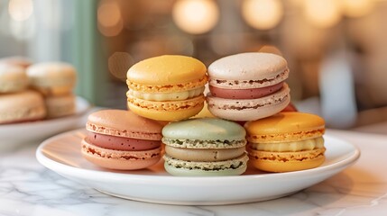 Obraz premium A colorful display of earthy elegance macarons on a white ceramic plate, with warm tones of terracotta, sage green, and mustard yellow. The background features a blurred cafe setting, with soft,