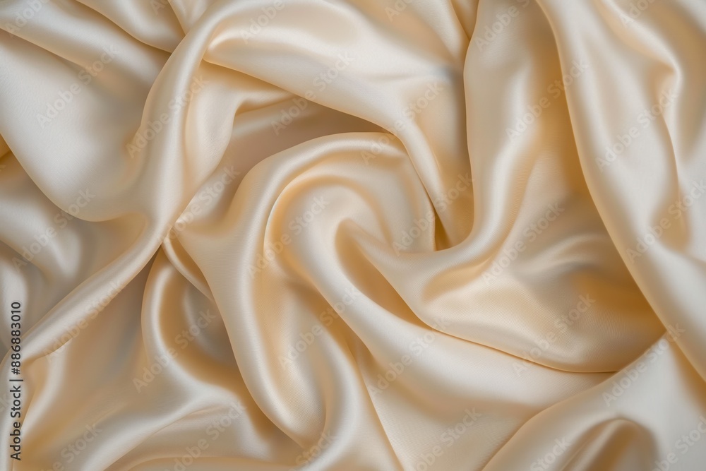 Poster Close-up view of beige fabric with intricate texture and pattern. Fabric folded to reveal depth and dimension. Smooth surface and blurred background highlight natural silk cloth.
