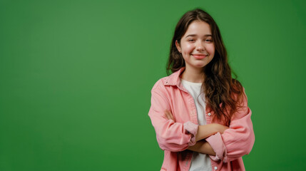 Fototapeta premium photo of smiling happy girl in front of green background