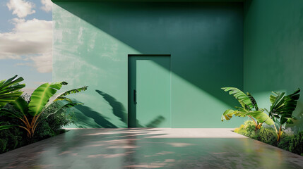 Modern villa entrance painted in deep forest green, cement floor. Outdoor, clean foreground, cloudy, flat view, 50mm focal length.