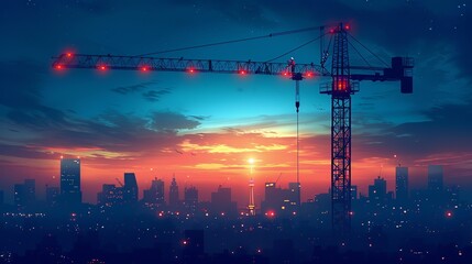 Naklejka premium Thrilling moment of a stunt performer scaling a tall crane, with city lights and skyline in the background, emphasizing height and danger. Illustration, Image, , Minimalism,
