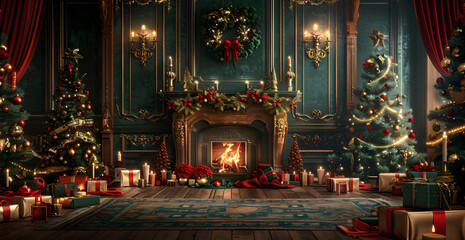 Obraz premium A room decorated for Christmas with a fireplace and a wreath on the mantle