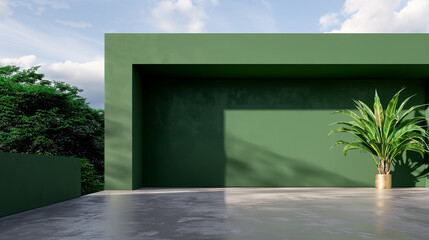 Modern villa entrance painted in deep forest green, cement floor. Outdoor, clean foreground, cloudy, flat view, 50mm focal length.