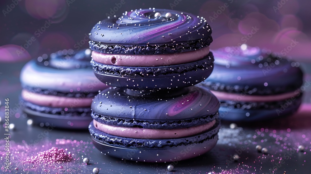 Wall mural a galaxy macaron pyramid, with each macaron layer representing a different swirl of navy, purple, an