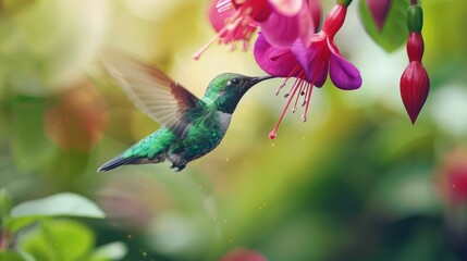 Obraz premium A hummingbird hovers beside a pink blossom in a forest teeming with green and pink flower-filled foliage Abundant pink and purple blooms surround the