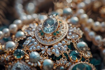 Fototapeta premium Exquisite Close-Up of Ornate Jewelry with Pearls and Gemstones