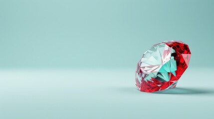 Fototapeta premium A tight shot of a red-blue diamond against a blue backdrop, mirrored by its reflection in the image's heart