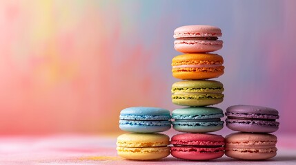A rainbow macaron pyramid, with each macaron layer representing a different color: red, orange, yellow, green, blue, and purple. The background is a soft pastel gradient,