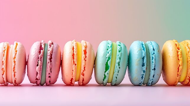 A side view of candy crush macarons lined up in a row, showcasing the bright candy colors of turquoise, magenta, lime green, and orange. The background is a gradient of soft pastel colors,