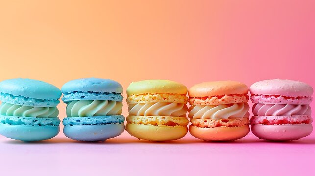 A side view of candy crush macarons lined up in a row, showcasing the bright candy colors of turquoise, magenta, lime green, and orange. The background is a gradient of soft pastel colors,