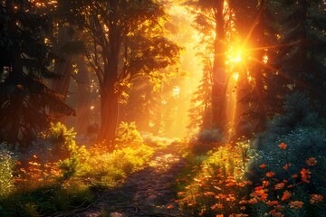 Enchanting Sunrise in a Lush Forest Path