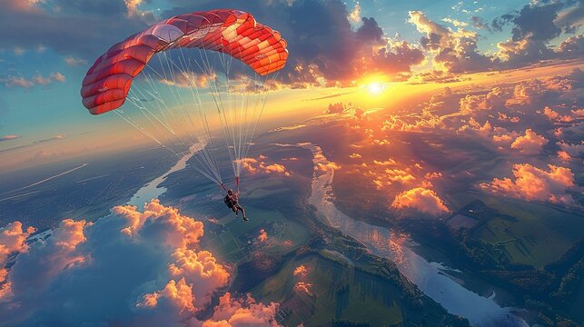 Cinematic scene of a stunt performer parachuting from an airplane, with clouds and landscape below, capturing the thrill of skydiving. Illustration, Image, , Minimalism,