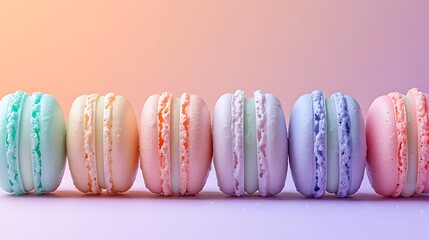 A side view of pastel dream macarons lined up in a row, showcasing the bright soft hues of mint green, baby blue, lavender, and pale pink. The background is a gradient of soft pastel colors,