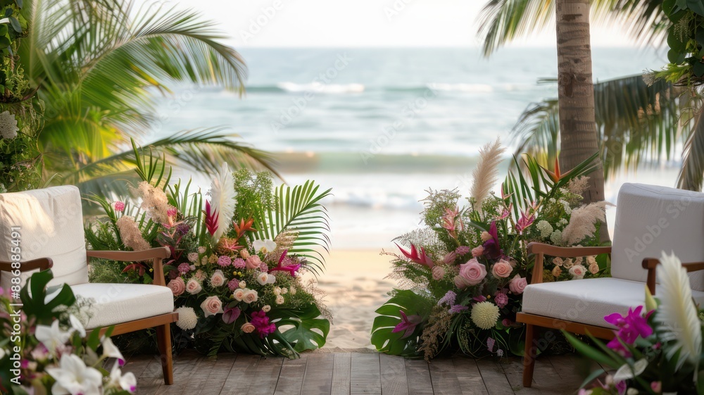 Poster a beach scene with two chairs and a table with flowers in vases