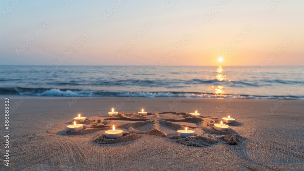 Poster A beach scene with a circle of candles on the sand. The candles are lit and the sun is setting in the background. The scene has a peaceful and calming mood