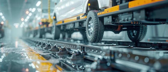 Fototapeta premium Automotive Production Line with Car Wheels on Conveyor Belt in Factory