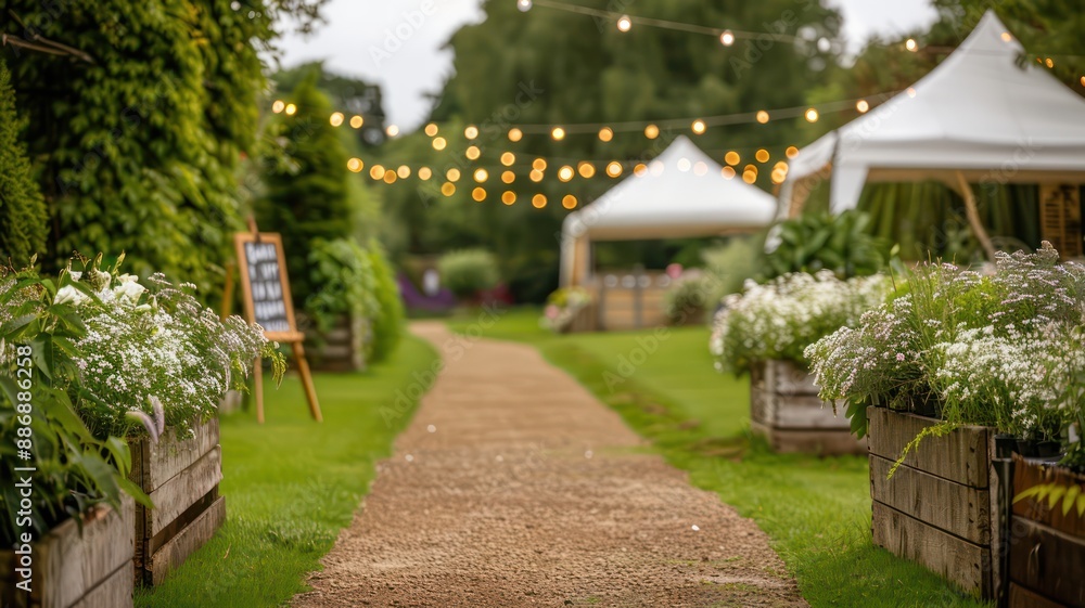Poster A path with a white tent and a sign that says 