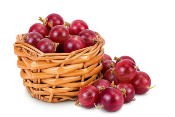 Red gooseberry in a wicker basket isolated on white background with full depth of field.