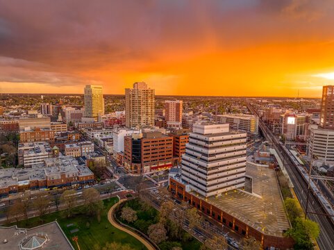 Aerial view of downtown New Brunswick in New Jersey with stunning colorful sunset